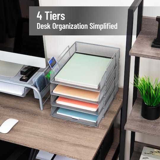 Mind Reader Stackable Paper Tray, Desktop Organizer, File Storage, Office, Metal Mesh, 4 Pcs., SIlver